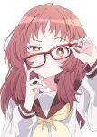  1girl blush bright_pupils closed_mouth commentary_request glasses ixy long_sleeves looking_at_viewer medium_hair mie_ai neckerchief red-framed_eyewear red_sailor_collar redhead sailor_collar school_uniform serafuku simple_background solo sukinako_ga_megane_wo_wasureta upper_body white_background white_pupils yellow_neckerchief 