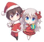  1boy 1girl bag black_thighhighs blue_eyes blush bow box brown_eyes brown_hair capelet charlotte_(anime) chibi christmas commentary_request crossed_bangs dress dress_bow frilled_dress frills fur-trimmed_capelet fur_trim gift gift_bag gift_box grey_hair hair_between_eyes hair_bow hat hetero holding holding_bag holding_gift kousetsu long_hair looking_at_viewer open_mouth otosaka_yuu pom_pom_(clothes) red_bow santa_capelet santa_costume santa_dress santa_hat short_hair sidelocks simple_background star_ornament sweatdrop thigh-highs tomori_nao two_side_up wavy_hair white_background 