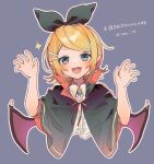  1girl absurdres bat_wings black_bow black_capelet blonde_hair blouse blue_eyes blue_gemstone bow brooch capelet collared_capelet fangs frilled_shirt frills gem hair_bow high_collar highres jewelry kagamine_rin looking_at_viewer mini_wings monster_girl pointy_ears sazanami_(ripple1996) shirt solo swept_bangs vampire vocaloid wings 