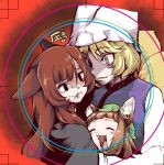  3girls animal_ears blonde_hair brown_hair cat_ears cat_girl chen earrings extra_tails fox_ears fox_girl fox_tail hat imaizumi_kagerou jewelry long_hair long_sleeves lowres mob_cap multiple_girls raino tail touhou wolf_ears wolf_girl yakumo_ran yellow_eyes 