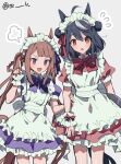  2girls absurdres alternate_costume apron black_hair blush breasts brown_hair double_bun enmaided fingernails hair_bun hair_ornament hair_rings highres kitasan_black_(umamusume) long_hair looking_at_viewer maid maid_headdress medium_breasts medium_hair multiple_girls open_mouth pointing pointing_up red_eyes simple_background sweep_tosho_(umamusume) tarako twitter_username umamusume violet_eyes 