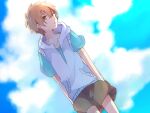  1boy amamiya_hibiya aqua_sky blue_shirt blue_sky brown_eyes brown_hair brown_shorts casual clouds cloudy_sky collarbone cowboy_shot day dutch_angle hair_between_eyes hands_in_pockets hood hood_down hoodie kagerou_project kyokutsuki looking_to_the_side male_focus outdoors parted_lips shirt short_sleeves shorts sidelighting sky sleeveless sleeveless_hoodie solo t-shirt turning_head white_hoodie 