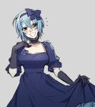  1girl :d black_gloves blue_collar blue_eyes blue_flower blue_hair blue_hairband blue_rose blush bow_hairband breasts claire_elford collar corsage dress feet_out_of_frame flower frilled_collar frills gloves gown grey_background hair_between_eyes hairband head_tilt highres large_breasts light_blue_hair looking_at_viewer mometsu_033 notice_lines puffy_short_sleeves puffy_sleeves rose short_hair short_sleeves simple_background skirt_hold smile solo standing straight-on witch&#039;s_heart 
