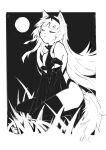  18_kawaki 1girl animal_ears bodysuit closed_eyes detached_sleeves fake_animal_ears fake_tail full_moon grass hairband highres howling long_hair monochrome moon no.21:_feral_scent_(punishing:_gray_raven) no.21_(punishing:_gray_raven) punishing:_gray_raven sidelocks sleeves_past_fingers sleeves_past_wrists solo tail thigh-highs very_long_hair wide_sleeves wolf_ears wolf_tail 