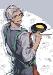  1boy :d absurdres apron arurandeisu boned_meat border chopsticks collared_shirt cowboy_shot curry curry_rice food food-themed_background fried_egg fried_egg_on_toast from_behind frying_pan glasses green_apron grey_border grey_eyes grey_hair grey_pants grey_shirt grey_vest hair_slicked_back highres hikariemochi holding holding_chopsticks holding_frying_pan holostars looking_at_viewer looking_back lower_teeth_only male_focus meat omelet omurice onigiri outside_border pants pizza red-framed_eyewear rice shirt short_hair sleeves_rolled_up smile solo teeth vest virtual_youtuber white_background 