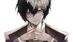 1boy absurdres bandage_on_neck black_hair black_jacket black_suit bungou_stray_dogs closed_mouth collared_shirt dappled_sunlight dazai_osamu_(bungou_stray_dogs) formal hair_between_eyes highres jacket long_sleeves looking_at_viewer male_focus own_hands_together red_eyes shirt short_hair sidelocks simple_background smile solo suit sunlight upper_body user_wjpu7573 white_background white_shirt 
