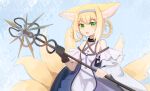  1girl :d animal_ear_fluff animal_ears arknights black_collar black_gloves blonde_hair blue_background blue_hairband blush braid braided_hair_rings chinese_commentary clothing_cutout collar commentary_request dress fox_ears fox_girl fox_tail frilled_sleeves frills gloves green_eyes hair_rings hairband highres holding holding_staff infection_monitor_(arknights) kitsune kyuubi looking_at_viewer multiple_tails off-shoulder_dress off_shoulder open_mouth purple_dress qing_jingze_ying_official shoulder_cutout single_glove smile solo staff suzuran_(arknights) tail upper_body 