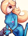  1girl :o blonde_hair blue_bodysuit bodysuit cosplay davitsu earrings gun highres holding holding_gun holding_weapon jewelry long_hair metroid paralyzer rosalina samus_aran samus_aran_(cosplay) solo super_mario_bros. twitter_username weapon zero_suit 