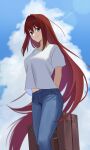  1girl aozaki_aoko arms_behind_back blue_eyes blue_pants blue_sky breasts closed_mouth clouds commentary_request denim hair_between_eyes highres holding holding_suitcase jeans long_hair looking_at_viewer medium_breasts outdoors pants redhead shintyoi2 shirt short_sleeves sky smile solo suitcase t-shirt tsukihime very_long_hair white_shirt 