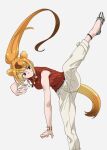  1girl animal_ears bare_shoulders black_footwear bracelet brown_hair circlet cowboy_shot flats golden_snub-nosed_monkey_(kemono_friends) hair_between_eyes high_kick highres jewelry kemono_friends kemono_friends_3 kicking long_hair monkey_ears monkey_girl monkey_tail multicolored_hair necklace official_alternate_costume orange_hair pants ponytail red_sweater sidelocks sleeveless solo standing standing_on_one_leg striped striped_footwear sweater tail tanabe_(fueisei) two-tone_footwear white_footwear white_pants 