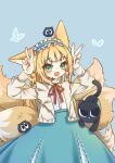  1girl animal_ears aqua_hairband aqua_skirt arknights arms_up black_cat blonde_hair blue_background blush cardigan cat cross-laced_clothes cross-laced_skirt cross-laced_slit crossover double_v fox_ears fox_girl fox_tail frilled_hairband frills green_eyes hair_ornament hairband heixiu high-waist_skirt highres kitsune kyuubi long_hair long_sleeves looking_at_viewer luo_xiaohei luo_xiaohei_zhanji multiple_tails neck_ribbon official_alternate_costume open_cardigan open_clothes open_mouth puffy_long_sleeves puffy_sleeves red_ribbon ribbon shirt skirt suzuran_(arknights) suzuran_(spring_praise)_(arknights) tail v white_shirt yellow_cardigan yi_duo_cui_hua_(jinci973) 