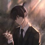  1boy black_hair black_jacket black_necktie blue_eyes chainsaw_man cigarette collared_shirt hair_over_one_eye hayakawa_aki highres holding holding_cigarette jacket light_rays looking_at_viewer necktie shirt short_hair solo suit suit_jacket topknot utt_haru white_shirt 