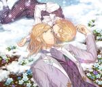  2boys aged_down ascot blonde_hair blue_eyes blue_flower bow bowtie camus_(uta_no_prince-sama) closed_eyes closed_mouth collared_shirt dual_persona feet_out_of_frame flower formal frilled_shirt_collar frills grey_jacket hair_between_eyes hand_up jacket juliet_sleeves lapel_pin lapels long_sleeves looking_at_another lying male_focus medium_hair multiple_boys on_back on_ground on_side open_clothes open_jacket pants parted_lips peaked_lapels pinstripe_pattern pinstripe_vest pocket_square puffy_sleeves purple_ascot purple_flower purple_pants purple_vest rotational_symmetry shirt short_hair smile snow snowing socks striped striped_pants striped_vest swept_bangs tubame-hien upper_body uta_no_prince-sama vertical-striped_pants vertical-striped_vest vertical_stripes vest white_bow white_bowtie white_flower white_shirt white_socks 