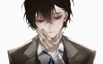  1boy bandaged_arm bandages black_eyes black_hair black_necktie brown_jacket brown_suit bungou_stray_dogs closed_mouth dazai_osamu_(bungou_stray_dogs) expressionless formal hair_between_eyes hand_on_own_cheek hand_on_own_chin hand_on_own_face highres jacket light_smile looking_at_viewer male_focus necktie shirt short_hair sidelocks simple_background solo suit upper_body user_wjpu7573 white_background white_shirt 