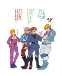  4boys absurdres argyle axis_powers_hetalia battle_tendency blonde_hair boots bruno_bucciarati caesar_anthonio_zeppeli crossed_arms crossover double_scoop eating food guido_mista hair_ornament hand_on_another&#039;s_shoulder hat highres ice_cream index_finger_raised italian_flag jojo_no_kimyou_na_bouken long_hair lower_teeth_only male_focus midriff multiple_boys musical_note northern_italy_(hetalia) pectoral_cleavage pectorals pointing smile teeth turtleneck user_ghch5355 vento_aureo zipper 