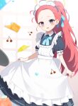  1girl apron apron_lift blue_archive blue_bow blush bow cherry english_commentary food forehead fruit halo highres ice juice la_riga long_hair looking_at_viewer maid maid_apron maid_headdress open_mouth orange_juice redhead yellow_halo yuzu_(blue_archive) yuzu_(maid)_(blue_archive) 
