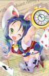  1girl ace_of_clubs alice_in_wonderland animal_ears blue_hair blue_shorts bow bowtie bunny_day card club_(shape) collared_shirt cosplay dress_shirt english_text fang gloves green_eyes kantai_collection long_hair low_twintails malino_(dream_maker) one_eye_closed playing_card pocket_watch rabbit_ears red_vest shirt shorts solo suzukaze_(kancolle) thigh-highs twintails vest watch white_gloves white_rabbit_(alice_in_wonderland) white_rabbit_(alice_in_wonderland)_(cosplay) white_shirt white_thighhighs yellow_bow yellow_bowtie 