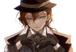  1boy black_gloves black_hair black_jacket black_necktie black_suit blue_eyes bungou_stray_dogs gloves hair_between_eyes hat highres jacket long_sleeves looking_at_viewer male_focus medium_hair nakahara_chuuya necktie open_clothes open_jacket open_mouth orange_hair own_hands_together shirt sidelocks simple_background smile solo suit upper_body user_wjpu7573 white_background white_shirt 