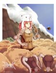  1girl :t armor bear_hat blue_sky breastplate brown_cape cape chainmail chief_(skiwa) closed_mouth clouds commentary copyright_name cowboy_shot cross day eating english_commentary expressionless fish_(food) floating_island gauntlets goat goat_(ragnarok_online) green_eyes knight_(ragnarok_online) long_hair looking_afar medium_bangs outdoors parted_bangs pauldrons pink_hair ragnarok_online shoulder_armor sky white_headwear 