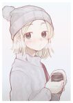  1girl 5saiji beanie blonde_hair blue_eyes blush breath can closed_mouth grey_background grey_headwear grey_sweater hat holding holding_can long_sleeves looking_at_viewer original pom_pom_(clothes) short_hair simple_background solo sweater upper_body 