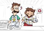  2boys alternate_costume brown_hair closed_eyes english_text facial_hair gloves indoors luigi mari_luijiroh mario mario_&amp;_luigi_rpg masanori_sato_(style) multiple_boys mustache open_mouth shirt short_hair short_sleeves speech_bubble super_mario_bros. super_mushroom white_gloves white_shirt 