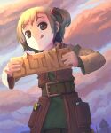  1girl belt brown_eyes brown_hair clouds day english_commentary hair_bobbles hair_ornament highres holding long_sleeves looking_at_viewer outdoors photoshop_(medium) pocket recette_lemongrass recettear short_hair solo tongue tongue_out wafferscotch 