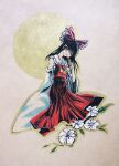  ascot blush branch calligraphy_brush circle detached_sleeves dress flower hair_ribbon hakurei_reimu highres ikeda_ruriko leaf long_hair looking_at_viewer paintbrush painting_(medium) red_dress red_eyes red_ribbon ribbon sleeveless touhou traditional_media white_flower wide_sleeves yellow_ascot 