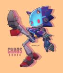  1boy absurdres animal_ears blue_armor blue_light caruel_art chaos_sonic fake_animal_ears glowing glowing_eyes highres joints leg_up motion_lines no_humans no_mouth one_eye_closed red_eyes robot robot_joints simple_background sonic_(series) sonic_prime 
