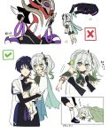  1boy 1girl blanket carrying commentary_request genshin_impact green_hair grey_hair highres how_to_talk_to_short_people_(meme) mask medium_hair meme multicolored_hair nahida_(genshin_impact) no6_gnsn purple_hair scaramouche_(genshin_impact) short_hair sidelocks simple_background sleeping violet_eyes white_background zzz 