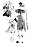  1boy 1girl commentary_request frown genshin_impact greyscale hand_on_own_face hat highres leaning_on_person looking_up medium_hair monochrome nahida_(genshin_impact) no6_gnsn scaramouche_(genshin_impact) short_hair side_ponytail translation_request 