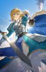  1girl absurdres ahoge armor armored_dress artoria_pendragon_(fate) blonde_hair blue_cape blue_dress blue_ribbon blue_sky breastplate cape clouds dress excalibur_(fate/stay_night) fate/grand_order fate_(series) faulds floating floating_object floating_sword floating_weapon fur-trimmed_cape fur_trim gauntlets green_eyes hair_bun hair_ribbon highres hoshi_rasuku juliet_sleeves light_particles long_sleeves looking_at_object looking_down metal_boots outstretched_hand parted_lips puffy_sleeves reaching ribbon saber skirt sky solo star_(symbol) sword weapon white_skirt 