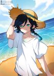  1boy absurdres aqua_eyes beach black_hair blue_hair braid closed_mouth genshin_impact gradient_hair hat highres lkari_shi male_focus multicolored_hair ocean sand shirt short_sleeves smile solo straw_hat t-shirt twin_braids venti_(genshin_impact) white_shirt 