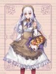  1girl aytk_erabareta basket blush checkerboard_cookie chestnut_mouth cookie fire_emblem fire_emblem:_three_houses fire_emblem_heroes food juliet_sleeves long_hair long_sleeves lysithea_von_ordelia lysithea_von_ordelia_(tea_party) maid official_alternate_costume open_mouth puffy_sleeves red_eyes solo white_hair 