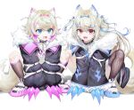  2girls :3 :d absurdres animal_ear_fluff animal_ears belt_collar black_collar black_jacket blonde_hair blue_eyes blue_hair collar cropped_jacket cropped_shirt dog_ears dog_girl dog_tail dress fake_claws fishnet_thighhighs fishnets fur-trimmed_jacket fur_trim fuwawa_abyssgard ghdwid highres hololive hololive_english jacket long_hair looking_at_viewer medium_hair midriff mococo_abyssgard multicolored_hair multiple_girls navel open_mouth pink_eyes pink_hair shirt shoes short_shorts shorts siblings single_fishnet_legwear sisters smile sneakers spiked_collar spikes streaked_hair tail thigh-highs twins virtual_youtuber white_dress white_footwear white_shirt white_shorts 