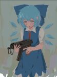  1girl blue_bow blue_dress blue_eyes blue_hair blush bow cirno collared_shirt cowboy_shot dress english_commentary fairy_wings gun hair_bow holding holding_gun holding_weapon ice ice_wings looking_down neck_ribbon open_mouth puffy_short_sleeves puffy_sleeves raised_eyebrows red_ribbon ribbon shirt short_hair short_sleeves skorpion_vz._61 solo sparkle71059204 submachine_gun touhou weapon white_shirt wings 