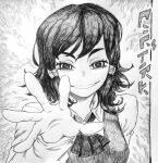  1girl absurdres black_hair chainsaw_man chronozbergh graphite_(medium) greyscale hatching_(texture) highres looking_at_viewer medium_hair monochrome parted_lips reaching reaching_towards_viewer smile solo traditional_media twintails yoshida&#039;s_female_associate 