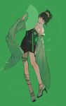  18_kawaki 1girl bandaged_leg bandages bare_shoulders china_dress chinese_clothes closed_eyes closed_mouth detached_sleeves dress full_body green_background green_dress green_hair green_sleeves hair_ornament hand_fan hanying_(punishing:_gray_raven) highres holding holding_fan paper_fan punishing:_gray_raven solo wide_sleeves 