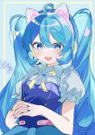  1girl :3 ahoge animal_ears blue_eyes blue_hair blue_nails breasts cat_ears collared_shirt commentary fake_animal_ears hair_between_eyes hatsune_miku headset interlocked_fingers light_blush long_hair looking_at_viewer neck_ribbon open_mouth own_hands_together puffy_short_sleeves puffy_sleeves ribbon shirt short_sleeves signature small_breasts smile solo twintails upper_body very_long_hair vocaloid yukia_1128 