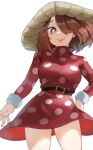  1girl :p absurdres belt boku_no_hero_academia brown_eyes brown_hair dress fengling_(furin-jp) hair_over_one_eye highres komori_kinoko looking_at_viewer medium_hair mushroom mushroom_girl mushroom_hat mushroom_on_head polka_dot polka_dot_dress solo standing symbol-shaped_pupils tongue tongue_out turtleneck_dress white_background x-shaped_pupils 