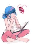  2girls antennae blue_eyes blue_hair book crossed_legs highres holding holding_book looking_at_another marinette_dupain-cheng miraculous_ladybug multiple_girls open_book reading seio_(nao_miragggcc45) tikki_(miraculous_ladybug) watch watch white_background 