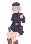  1girl belt black_capelet black_coat blush boots can capelet coat coat_dress fate/grand_order fate_(series) feet_out_of_frame hair_over_one_eye highres holding holding_can light_purple_hair looking_at_viewer mash_kyrielight mash_kyrielight_(traveling_outfit) redauto short_hair simple_background sitting smile solo v violet_eyes white_background 