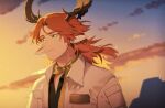  1boy animal_ears antlers arknights black_shirt bright_pupils closed_mouth clouds collared_jacket czerny_(arknights) deer_antlers deer_boy deer_ears earrings jacket jewelry long_hair looking_ahead male_focus mole mole_under_mouth notepad official_alternate_costume open_clothes open_jacket parted_bangs pq rock scarf shirt smile solo sunset upper_body white_jacket white_pupils yellow_scarf 