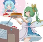  +_+ 2girls apron ascot blue_bow blue_dress blue_eyes blue_hair blush bow cake cirno closed_mouth cooking daiyousei dress eighth_note fairy fairy_wings food green_hair hair_bow highres ice ice_wings imagining long_hair mikan_(manmarumikan) multiple_girls musical_note shirt short_hair short_sleeves side_ponytail smile touhou white_apron white_shirt wings yellow_ascot 