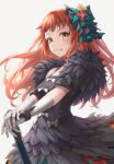  1girl bandaged_arm bandages black_dress bow dress facial_mark fire_emblem fire_emblem_engage fur_trim hair_bow hands_on_hilt long_hair orange_hair panette_(fire_emblem) ten_(tenchan_man) yellow_eyes 