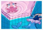  absurdres afloat closed_mouth commentary highres innertube jigglypuff looking_up no_humans pokemon pokemon_(creature) pool ripples saiku_(zvlku) tile_wall tiles vaporeon water 
