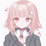  1girl :o alternate_hair_ornament black_jacket blush collared_shirt danganronpa_(series) danganronpa_2:_goodbye_despair hand_up heart jacket long_sleeves medium_hair miko_(deyodeyo855) nanami_chiaki open_clothes open_jacket pink_eyes pink_hair portrait shirt simple_background solo triangle_hair_ornament white_background white_shirt 