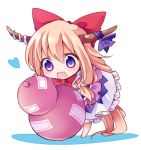  1girl blonde_hair blush bow chibi fang gourd hair_bow heart horn_ribbon horns ibuki_suika long_hair minigirl open_mouth ribbon shirt skirt smile solo touhou very_long_hair violet_eyes yukimiya_(parupunta) 