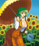  breasts cleavage flower green_eyes green_hair huge_breasts jingoro kazami_yuuka open_clothes open_shirt parasol plaid plaid_skirt plaid_vest plump short_hair skirt skirt_set solo sunflower sweat touhou umbrella untied watering_can wide_hips 