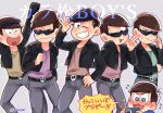  6+boys ;) ;3 alternate_costume arm_behind_back artist_name atarime blue_eyes blush brothers brown_hair camera character_name denim jacket jeans looking_at_viewer male_focus matsuno_choromatsu matsuno_ichimatsu matsuno_juushimatsu matsuno_karamatsu matsuno_karamatsu_(cosplay) matsuno_osomatsu matsuno_todomatsu multiple_boys one_eye_closed open_clothes open_jacket osomatsu-kun osomatsu-san pants sextuplets siblings smile sunglasses sunglasses_on_head sweatdrop tearing_up yellow_eyes 