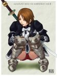  armor azasuke brown_eyes brown_hair earrings gloves jewelry monster_hunter panties red_panties short_hair solo squatting sword thigh-highs watermark weapon 